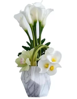 Buy 😉 Vicky Yao Artificial White Calla Lily Floral Arrangement In Marble Look Vase 🌟