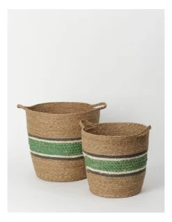 Outlet ✔️ Australian House & Garden Tarrabool Set Of 2 Baskets With Green Band 45 &37cm In Natural/Green 🤩